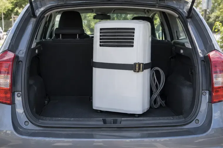 Un climatiseur mobile est attaché debout dans le coffre d’une voiture