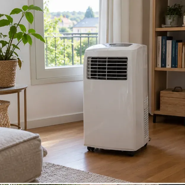 Climatiseur mobile blanc intact près d’une fenêtre dans une pièce lumineuse