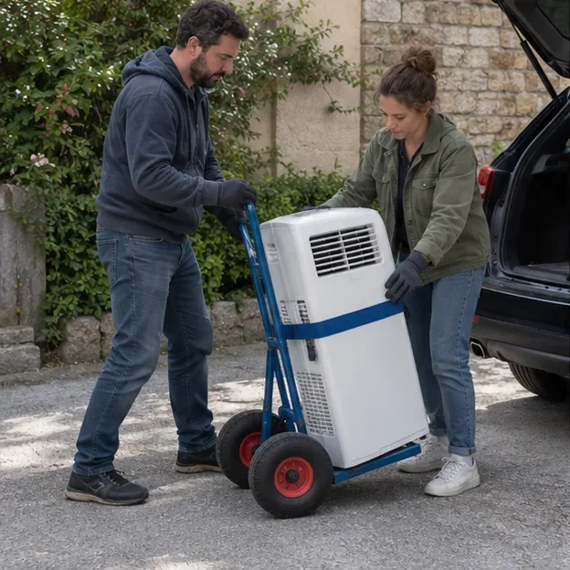 Deux personnes utilisent un diable pour charger un climatiseur mobile intact dans une voiture