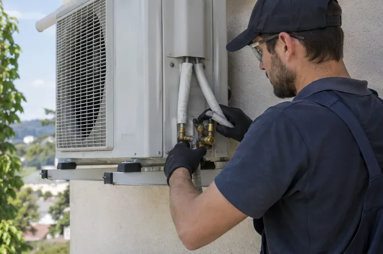 Technicien portant des gants intervenant sur les raccords d’une unité extérieure de climatisation split