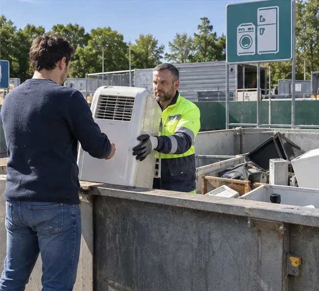 Un particulier remet un climatiseur mobile à un agent devant une zone de collecte d'appareils électriques en déchèterie.