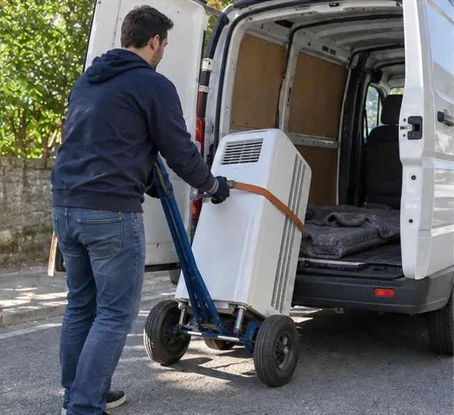 Un particulier charge un climatiseur mobile sanglé sur un diable dans un véhicule utilitaire pour le transporter sans l'endommager.