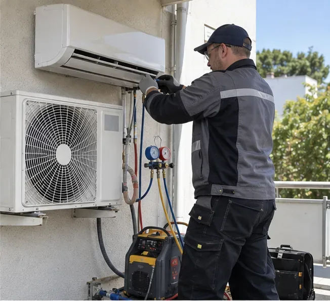Un technicien équipé intervient sur les liaisons d'un climatiseur split avec des manomètres et du matériel de récupération du fluide frigorigène.