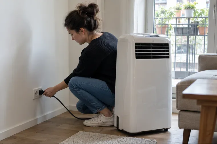 Une personne débranche un climatiseur mobile blanc dans un salon avant son évacuation