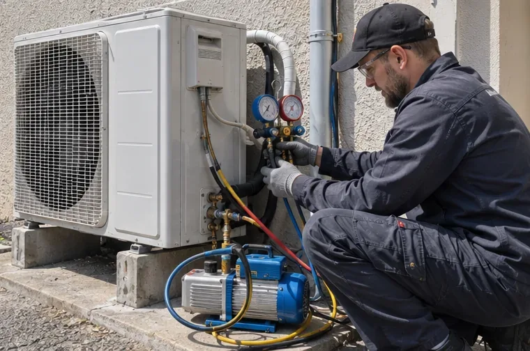 Un technicien intervient sur le groupe extérieur d’un climatiseur avec des manomètres et des flexibles frigorifiques