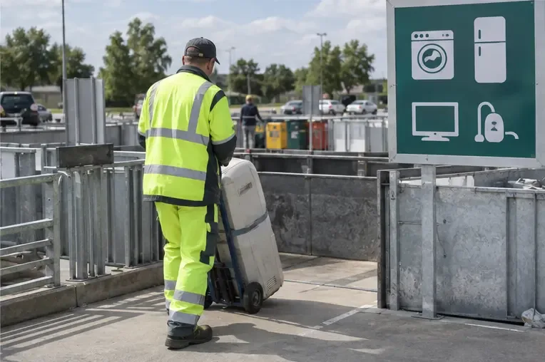 Agent en gilet fluorescent guidant un climatiseur mobile vers une zone de collecte d’équipements électriques