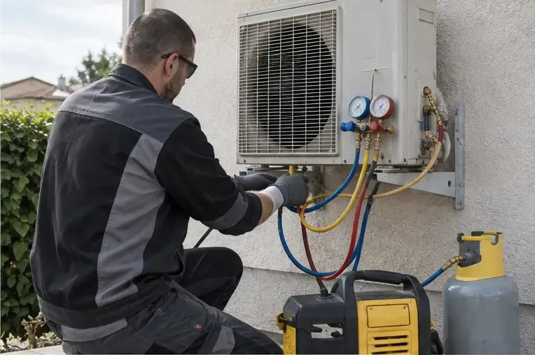 Technicien équipé de manomètres et de tuyaux récupérant le fluide d’un groupe extérieur de climatisation