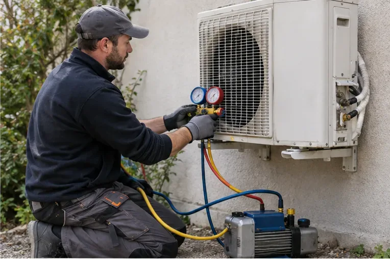 Un technicien intervient sur l’unité extérieure d’un climatiseur avec des manomètres et du matériel de récupération du fluide frigorigène