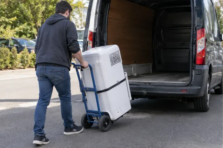 Un homme transporte un climatiseur mobile sanglé sur un diable vers l’arrière d’un utilitaire pour l’emmener en point de collecte