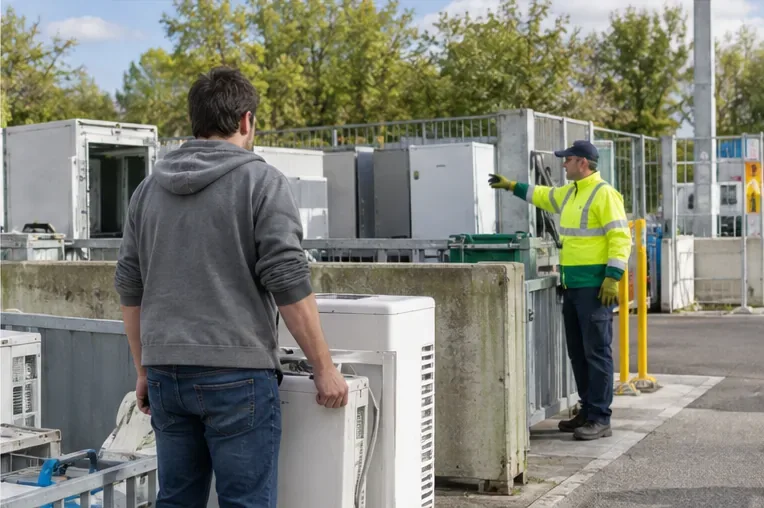 Un particulier arrive avec un climatiseur dans une zone de collecte de déchets électriques où un agent l’oriente vers l’emplacement adapté