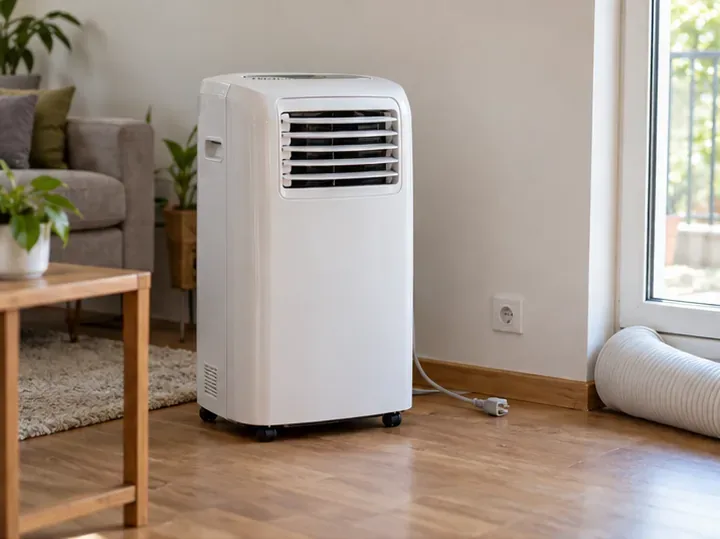Un climatiseur mobile blanc débranché, avec son tuyau d’évacuation posé près d’une fenêtre