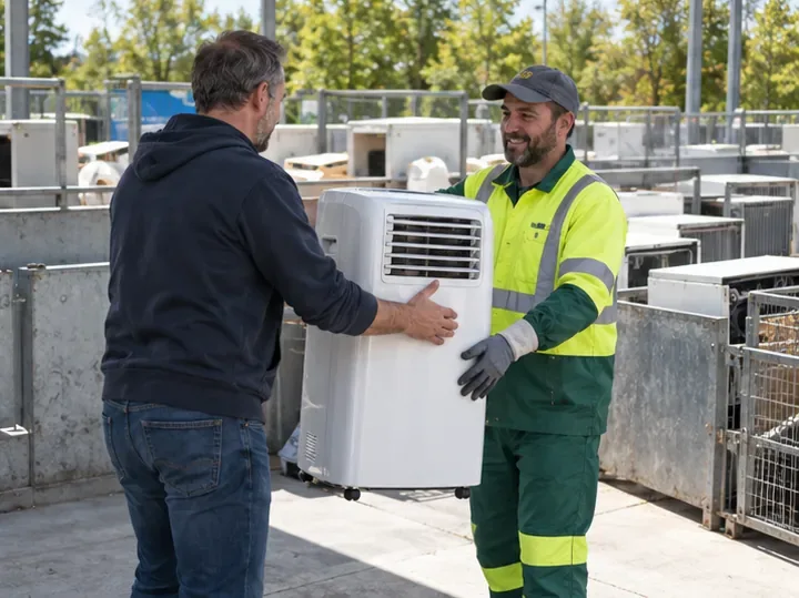 Une personne remet un climatiseur mobile blanc à un agent dans une zone de réception d’appareils électriques