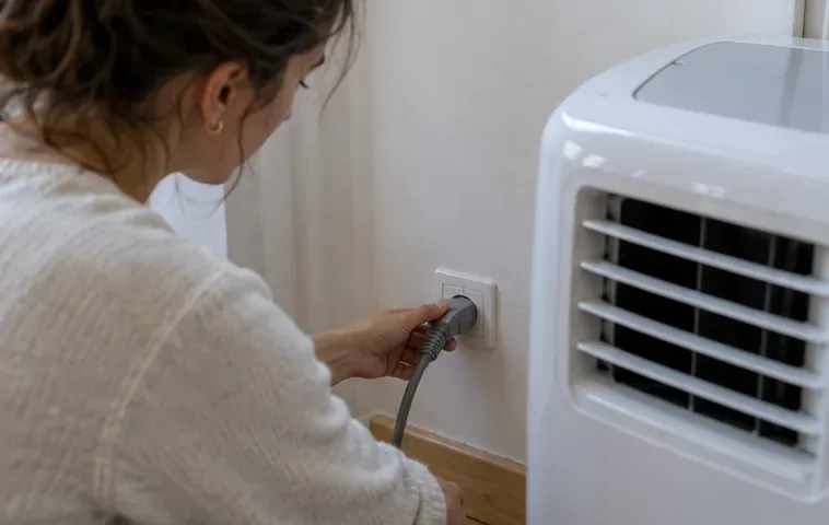 Une personne débranche la prise d’un climatiseur mobile placé près d’un mur, sans outil ni tuyau ouvert.
