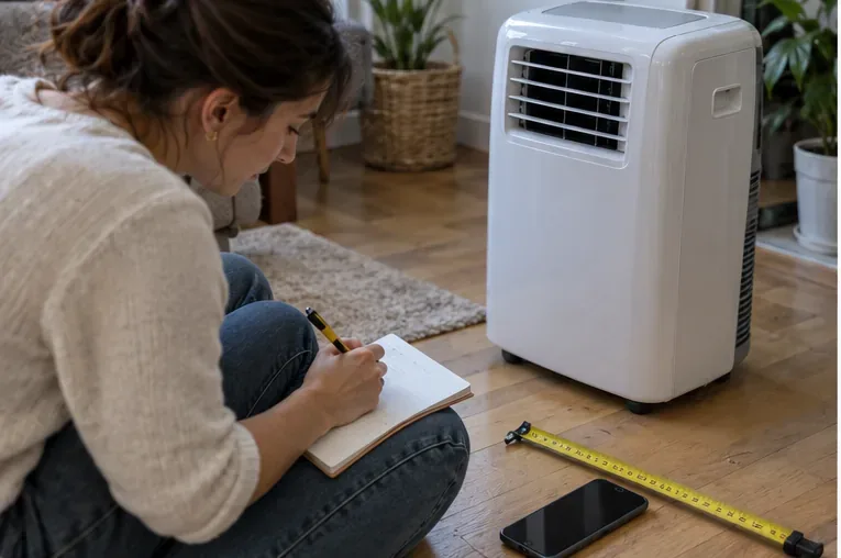 Une personne prend des notes à côté d’un climatiseur mobile intact et d’un mètre ruban posé au sol.