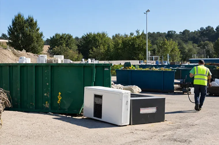 Une zone de déchèterie avec des bennes et une unité de climatisation déposée près de la filière dédiée aux appareils électriques.