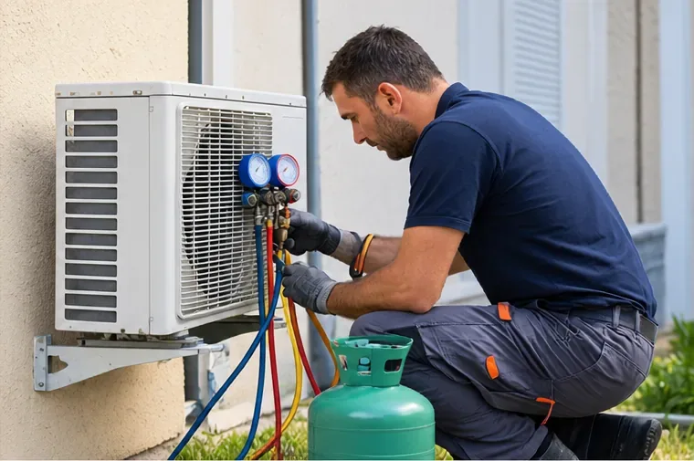 Un technicien intervient sur une unité extérieure de climatisation avec des manomètres et du matériel de récupération.