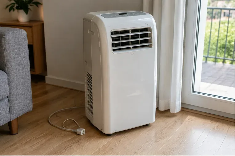 Un climatiseur mobile blanc débranché dans un salon, prêt à être préparé pour son transport vers une filière de recyclage
