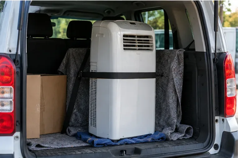 Un climatiseur mobile maintenu verticalement et sanglé dans le coffre d’un véhicule, entouré de couvertures de protection