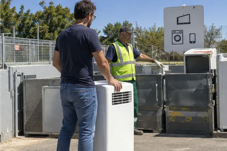 Un usager présente un climatiseur mobile à un agent devant une zone de collecte d’équipements électriques en déchèterie