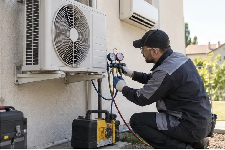 Un technicien intervient sur l’unité extérieure d’un climatiseur avec des manomètres et des flexibles de maintenance
