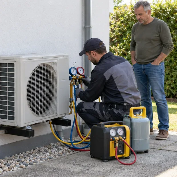 Un technicien intervient sur l’unité extérieure d’un climatiseur fixe avec un équipement de récupération du fluide.