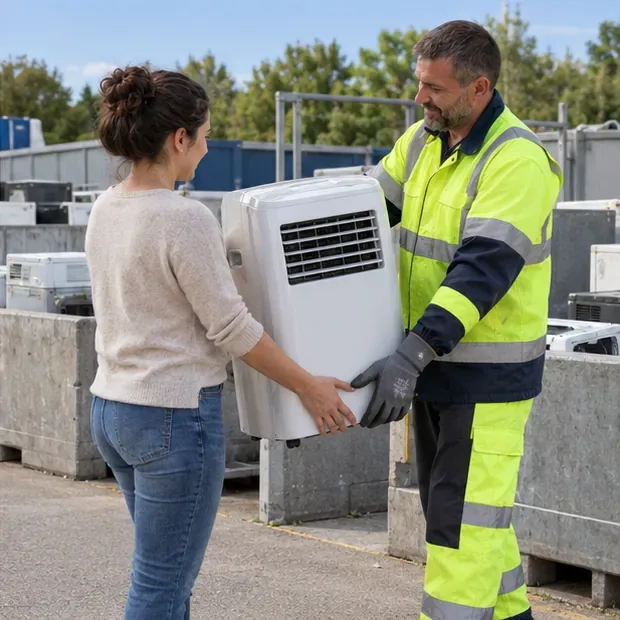 Une habitante remet un climatiseur mobile à un agent dans un espace de collecte municipal.