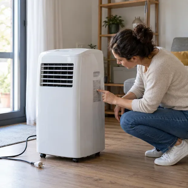 Un climatiseur mobile monobloc intact est examiné dans un appartement avant son évacuation.