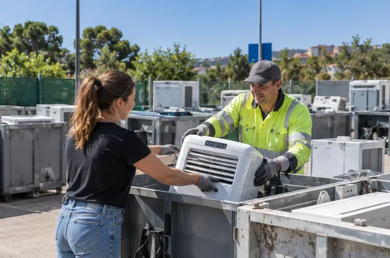 Une usagère remet un climatiseur mobile intact à un agent de déchetterie dans une zone de collecte d’appareils électriques