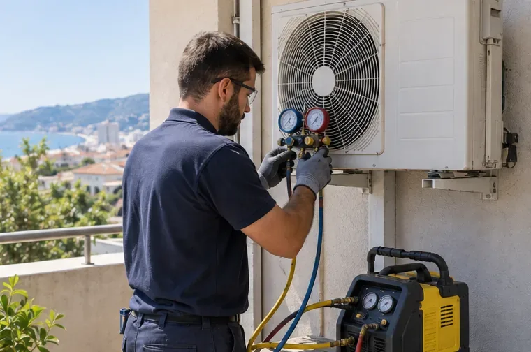 Technicien intervenant sur l’unité extérieure d’un climatiseur avec manomètres et équipement de récupération