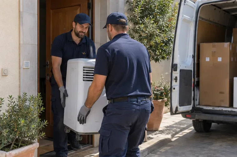 Deux professionnels transportent un climatiseur mobile depuis un logement vers un véhicule de collecte