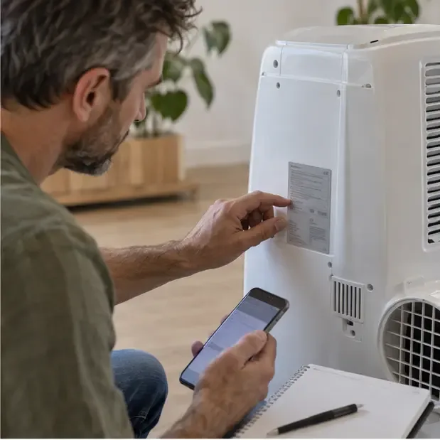 Personne consultant la plaque signalétique d’un climatiseur mobile avec un téléphone et un carnet