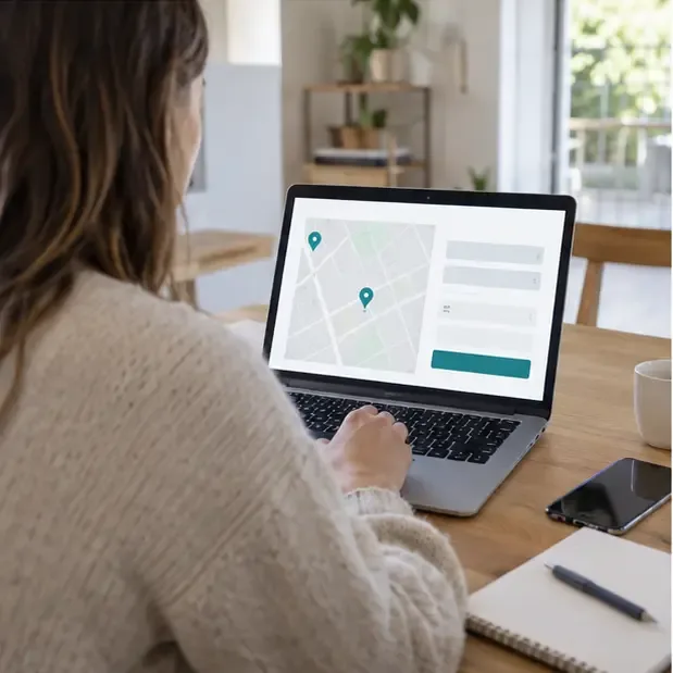 Personne utilisant un ordinateur portable avec une carte et un formulaire génériques de service déchets