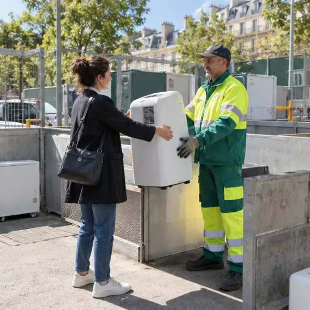Une habitante remet un climatiseur mobile intact à un agent dans un espace de tri urbain parisien