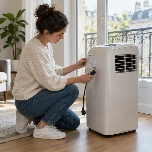 Une personne vérifie l’étiquette et la prise d’un climatiseur mobile intact, débranché, dans un appartement parisien