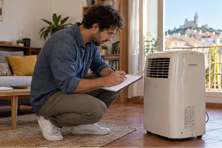 Un habitant examine un climatiseur mobile intact et note des informations dans un carnet avant de choisir sa solution de réemploi ou de recyclage