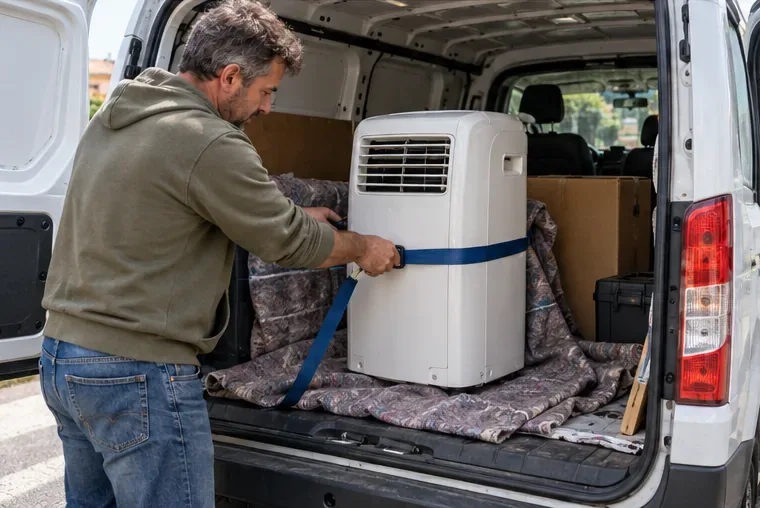 Un climatiseur mobile est maintenu debout et attaché dans le coffre d’un utilitaire, sur une couverture de protection