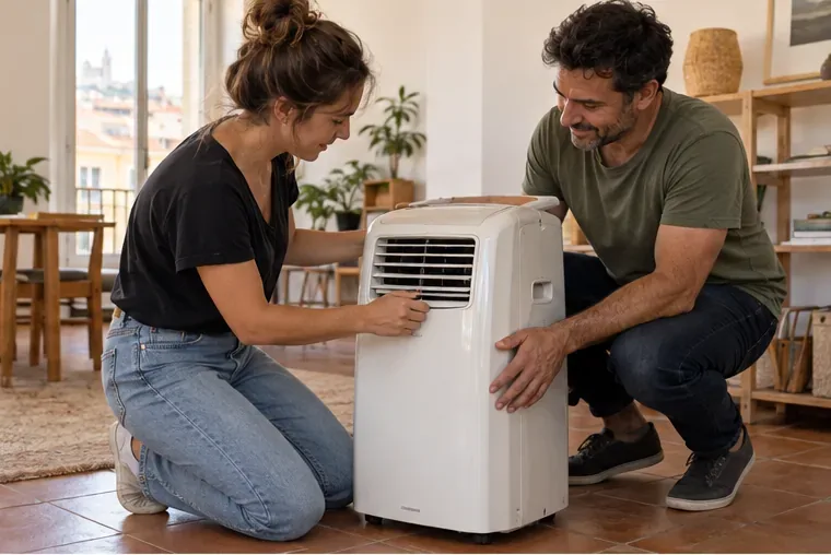 Deux adultes examinent ensemble un climatiseur mobile propre qui semble en bon état, dans une pièce lumineuse