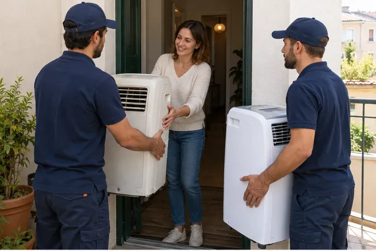Deux livreurs remettent un climatiseur mobile neuf et repartent avec l’ancien appareil confié par une cliente