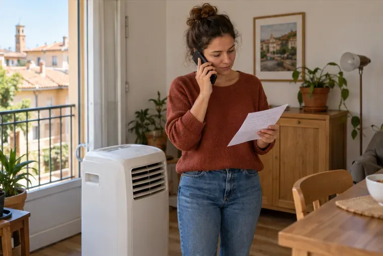 Une habitante téléphone en consultant une note, à côté d’un climatiseur mobile qui reste dans son logement