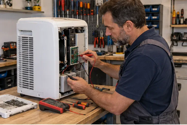 Un réparateur examine les composants accessibles d’un climatiseur mobile ouvert sur un établi avec un multimètre