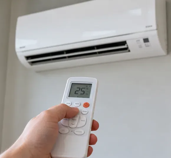 Une main tient une télécommande devant une unité de climatisation murale blanche.