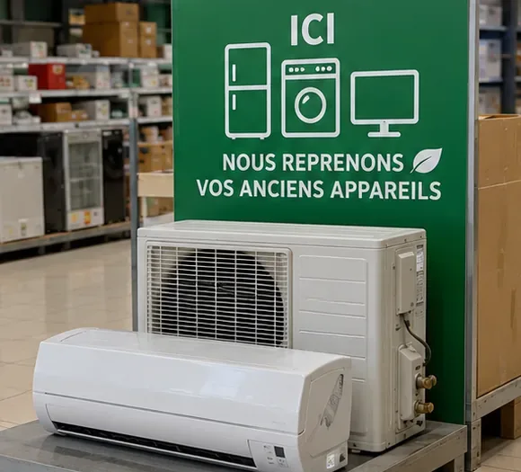Une unité intérieure et une unité extérieure de climatisation sont placées devant un panneau de reprise des anciens appareils dans un magasin.