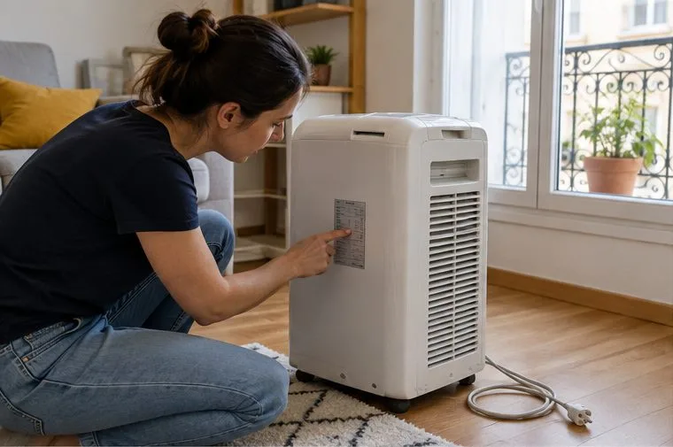Une habitante débranche un climatiseur mobile et consulte l’étiquette de modèle sur le côté de l’appareil