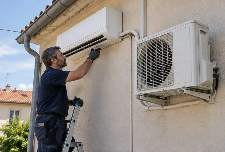 Un technicien de climatisation examine une unité murale split encore installée et son groupe extérieur sans ouvrir les conduites