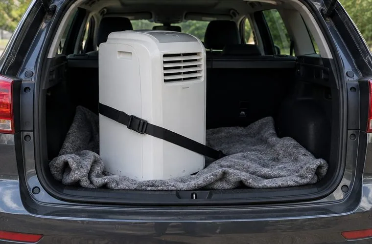Un climatiseur mobile est maintenu debout et sanglé dans le coffre d’une voiture, avec une couverture pour le protéger