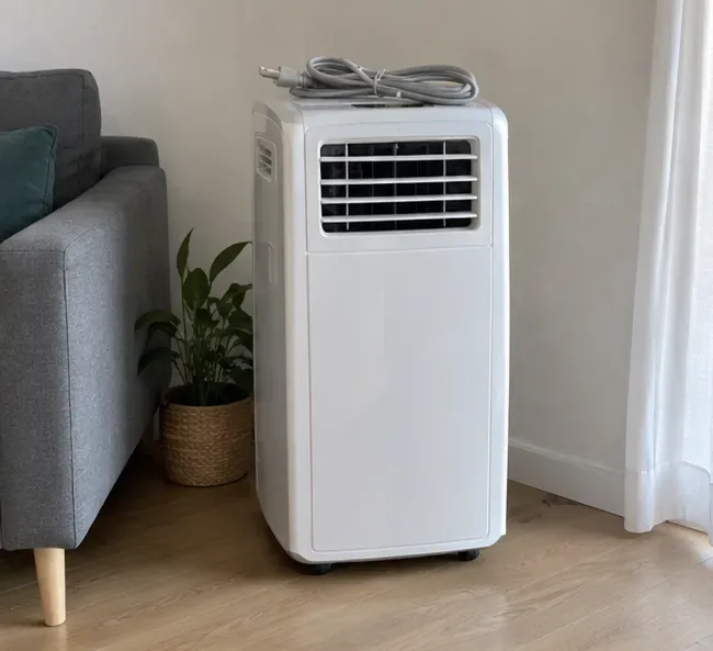 Climatiseur mobile blanc intact et débranché dans un salon, avec le câble rangé sur l’appareil