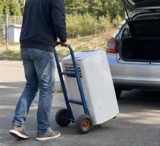 Personne transportant un climatiseur mobile sur un diable vers le coffre ouvert d’une voiture