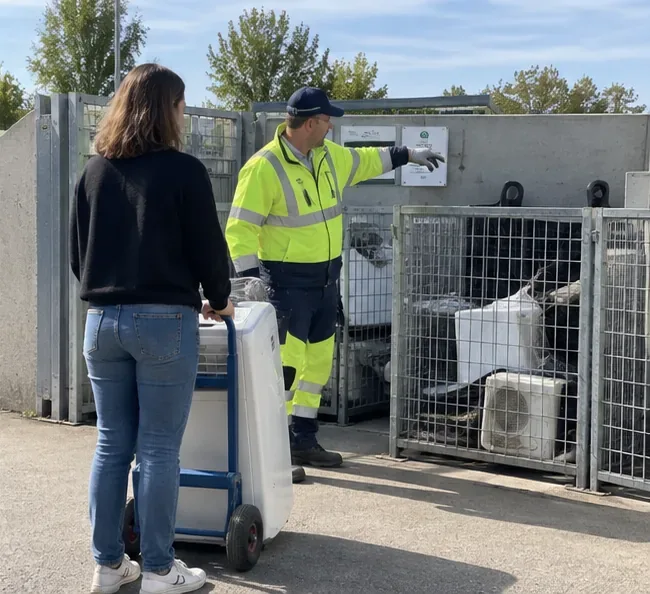 Agent de déchèterie en tenue haute visibilité orientant une usagère et son climatiseur vers la zone des appareils électriques usagés