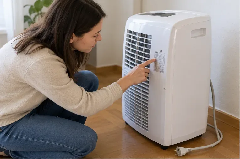 Personne examinant l’étiquette technique d’un climatiseur mobile avant de choisir sa filière de reprise ou de recyclage