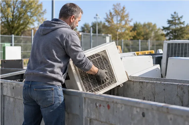 Personne déposant une unité de climatisation usagée dans une zone de collecte d’appareils électriques en déchèterie
